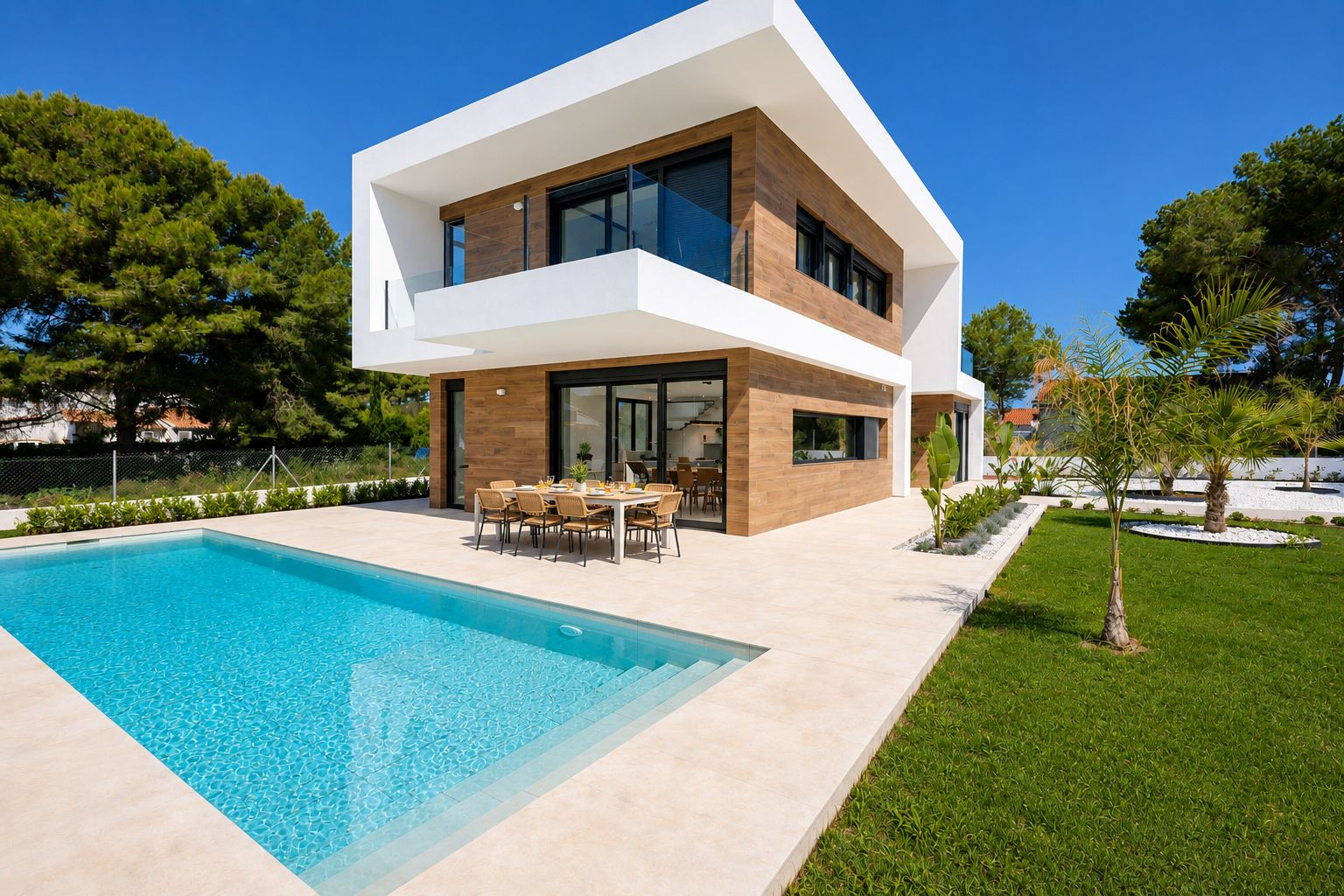 Extérieur de villa moderne avec piscine privée rectangulaire et grande terrasse carrelée. Un ensemble de salle à manger extérieure jouxte de larges portes vitrées, complété par des jardins paysagers. Extérieur de villa moderne avec piscine privée rectangulaire et grande terrasse carrelée. Un ensemble de salle à manger extérieure jouxte de larges portes vitrées, complété par des jardins paysagers.
