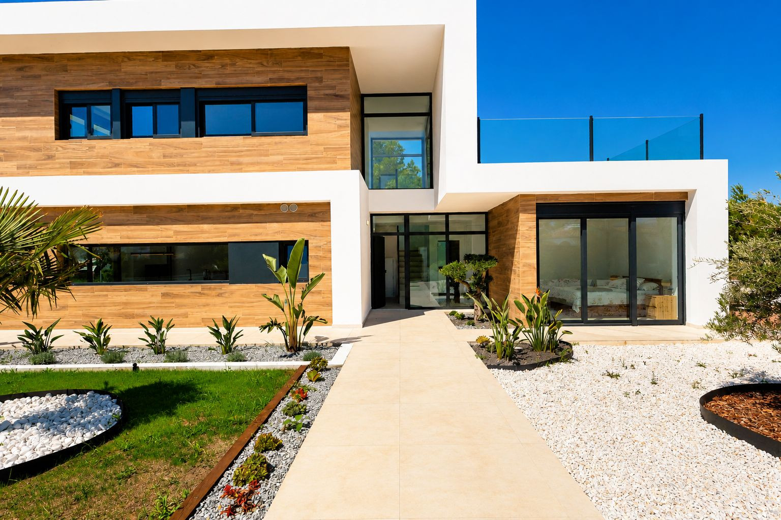 Façade de villa contemporaine avec revêtement effet bois, murs blancs et allée carrelée menant à l'entrée vitrée principale, complétée par un aménagement paysager méditerranéen minimaliste. Façade de villa contemporaine avec revêtement effet bois, murs blancs et allée carrelée menant à l'entrée vitrée principale, complétée par un aménagement paysager méditerranéen minimaliste.