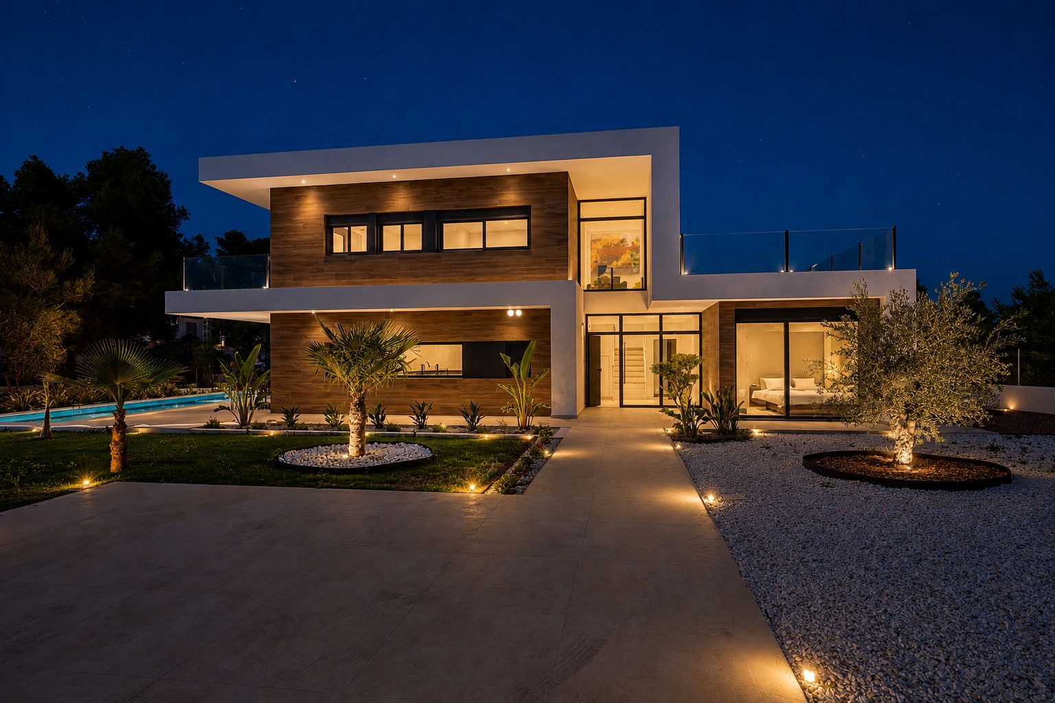 Piscine privée design avec carrelage en porcelaine rectifiée et élégante terrasse, entourée de jardins pour la détente. Piscine privée design avec carrelage en porcelaine rectifiée et élégante terrasse, entourée de jardins pour la détente.