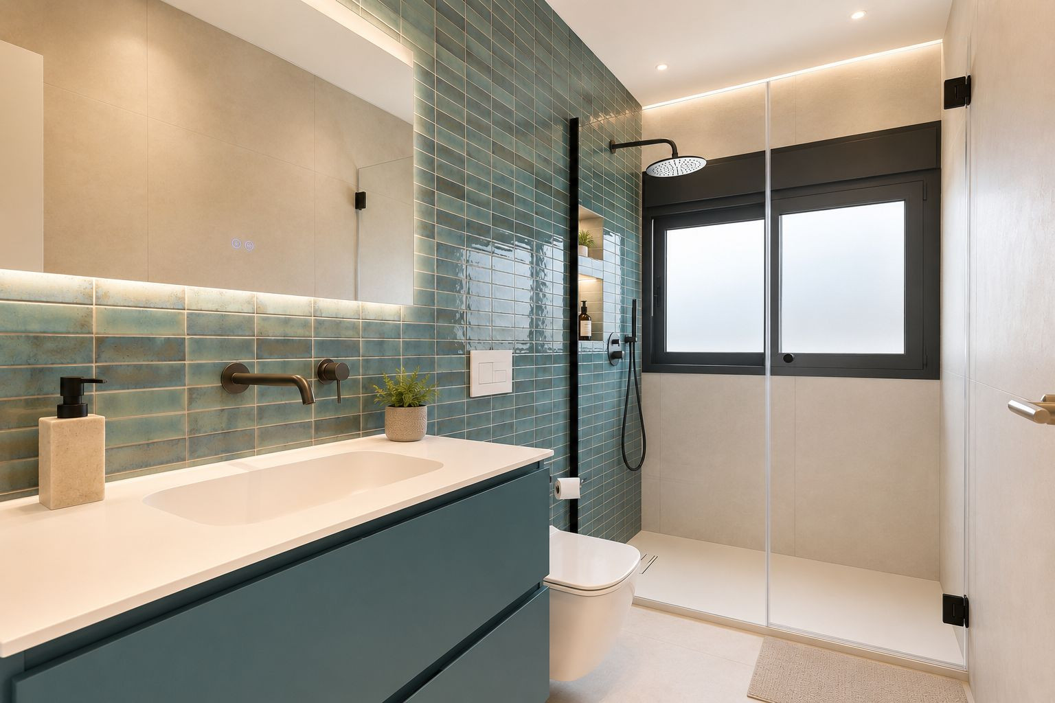 Salle de bain contemporaine avec mur d'accent en carreaux turquoise, robinetterie noire murale et douche à l'italienne avec fenêtre dépolie et niches éclairées. Salle de bain contemporaine avec mur d'accent en carreaux turquoise, robinetterie noire murale et douche à l'italienne avec fenêtre dépolie et niches éclairées.