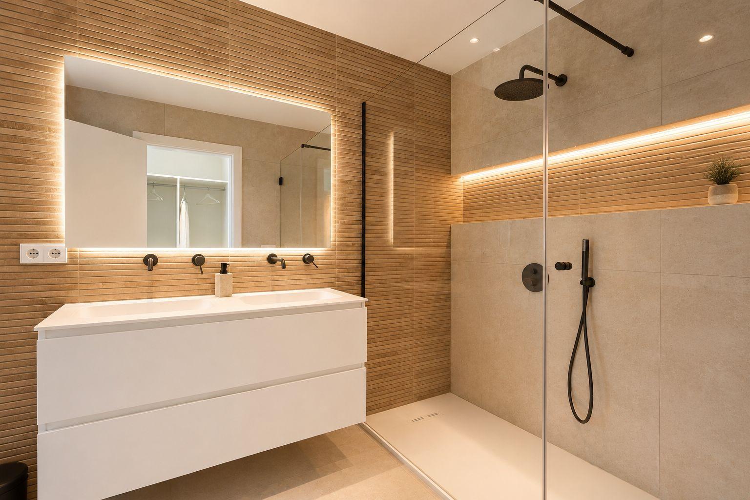 Salle de bain moderne avec double vasque suspendue, robinetterie noire murale et miroir éclairé. Douche à l'italienne avec paroi vitrée et carrelage effet bois texturé. Salle de bain moderne avec double vasque suspendue, robinetterie noire murale et miroir éclairé. Douche à l'italienne avec paroi vitrée et carrelage effet bois texturé.