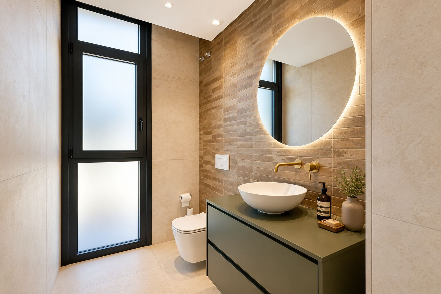 Salle de bain moderne avec meuble-lavabo vert olive, robinetterie murale dorée et miroir rond rétroéclairé. Mur d'accent en carreaux texturés et fenêtre dépolie pour l'intimité. Salle de bain moderne avec meuble-lavabo vert olive, robinetterie murale dorée et miroir rond rétroéclairé. Mur d'accent en carreaux texturés et fenêtre dépolie pour l'intimité.
