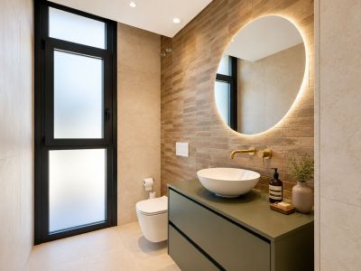 Salle de bain moderne avec meuble-lavabo vert olive, robinetterie murale dorée et miroir rond rétroéclairé. Mur d'accent en carreaux texturés et fenêtre dépolie pour l'intimité.