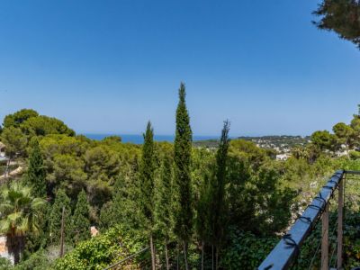 Vue depuis la terrasse sur une végétation méditerranéenne dense, des cyprès élancés, la mer lointaine et des zones résidentielles de Jávea sous un ciel azur.