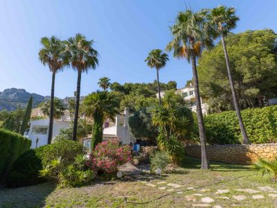Le jardin paysager plat offre un chemin de pierre, des palmiers matures, des bougainvilliers éclatants et des agaves, encadré par des collines verdoyantes et des montagnes lointaines.
