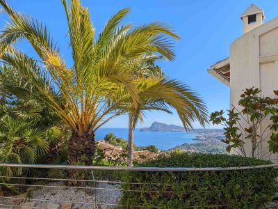 Vue mer panoramique depuis une terrasse, encadrée par des palmiers luxuriants. Balustrade en acier inoxydable, haie verte et littoral avec le Peñón de Ifach.
