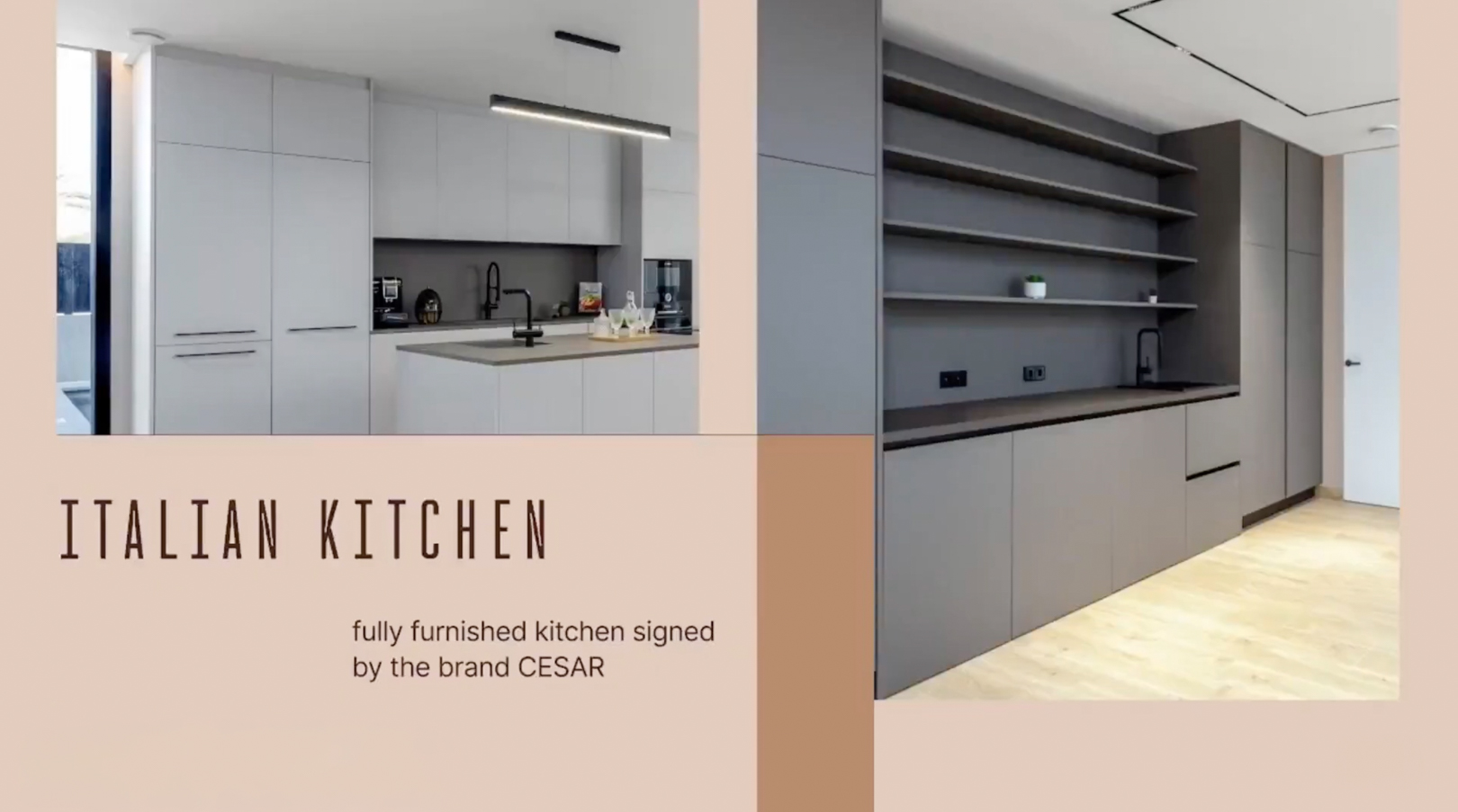Cuisine design moderne CESAR, avec un îlot central gris clair et évier intégré, complétée par une unité murale gris foncé avec étagères ouvertes et appareils haut de gamme. Cuisine design moderne CESAR, avec un îlot central gris clair et évier intégré, complétée par une unité murale gris foncé avec étagères ouvertes et appareils haut de gamme.