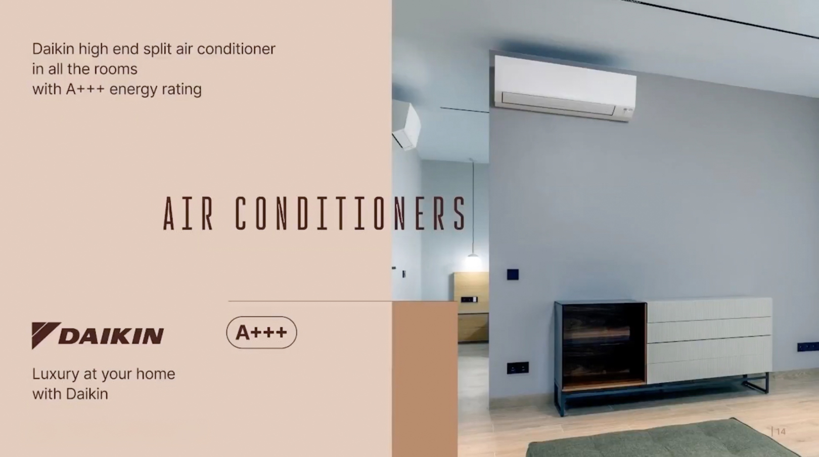 Espace de vie moderne avec climatiseur split Daikin haute efficacité et buffet contemporain en bois foncé et tiroirs nervurés sur mur gris clair. Espace de vie moderne avec climatiseur split Daikin haute efficacité et buffet contemporain en bois foncé et tiroirs nervurés sur mur gris clair.
