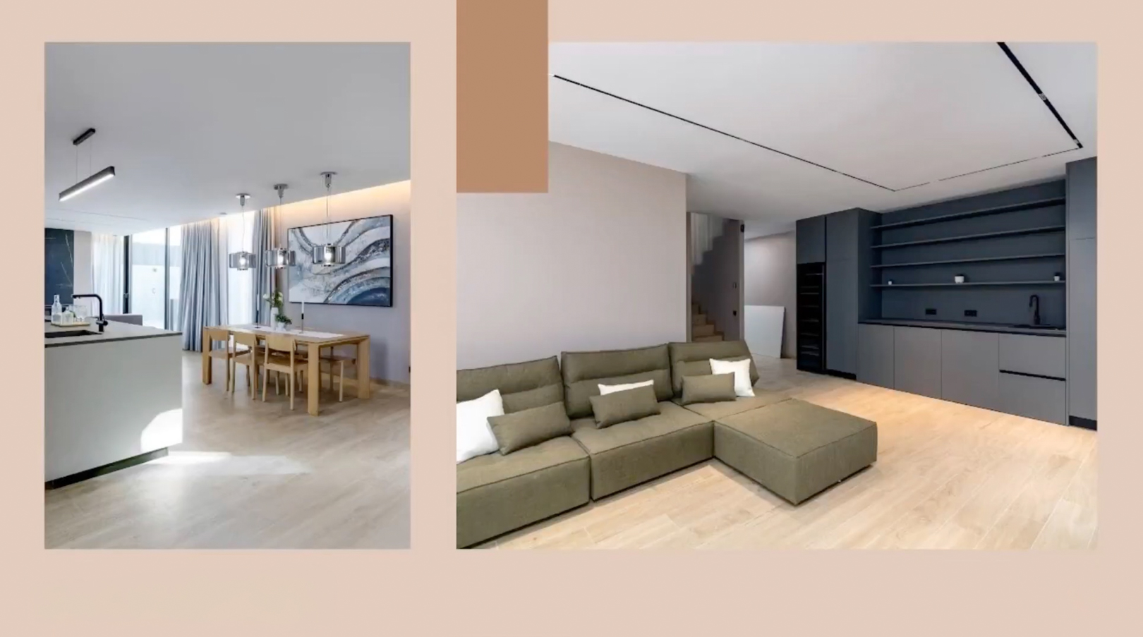 Espace de vie ouvert avec îlot de cuisine moderne, salle à manger en bois et canapé sectionnel vert olive. Rangement intégré gris foncé et éclairage élégant complètent le design. Espace de vie ouvert avec îlot de cuisine moderne, salle à manger en bois et canapé sectionnel vert olive. Rangement intégré gris foncé et éclairage élégant complètent le design.
