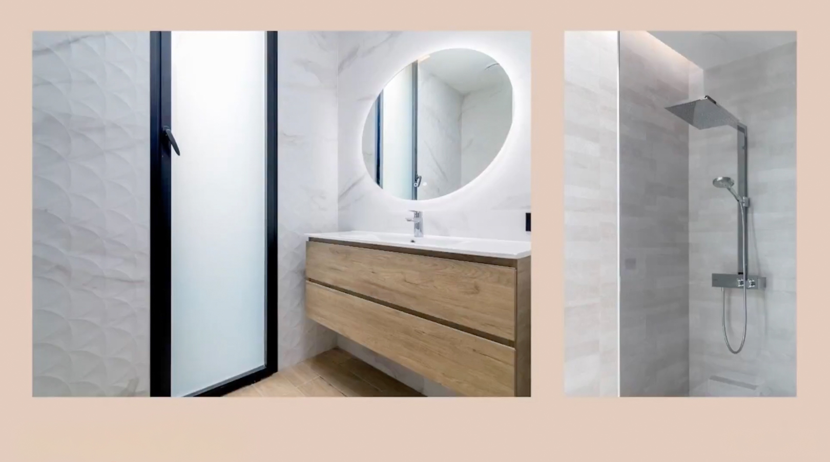 Salle de bain moderne avec meuble vasque flottant en bois, miroir ovale lumineux et douche à effet pluie. Carrelage mural marbré et texturé. Salle de bain moderne avec meuble vasque flottant en bois, miroir ovale lumineux et douche à effet pluie. Carrelage mural marbré et texturé.