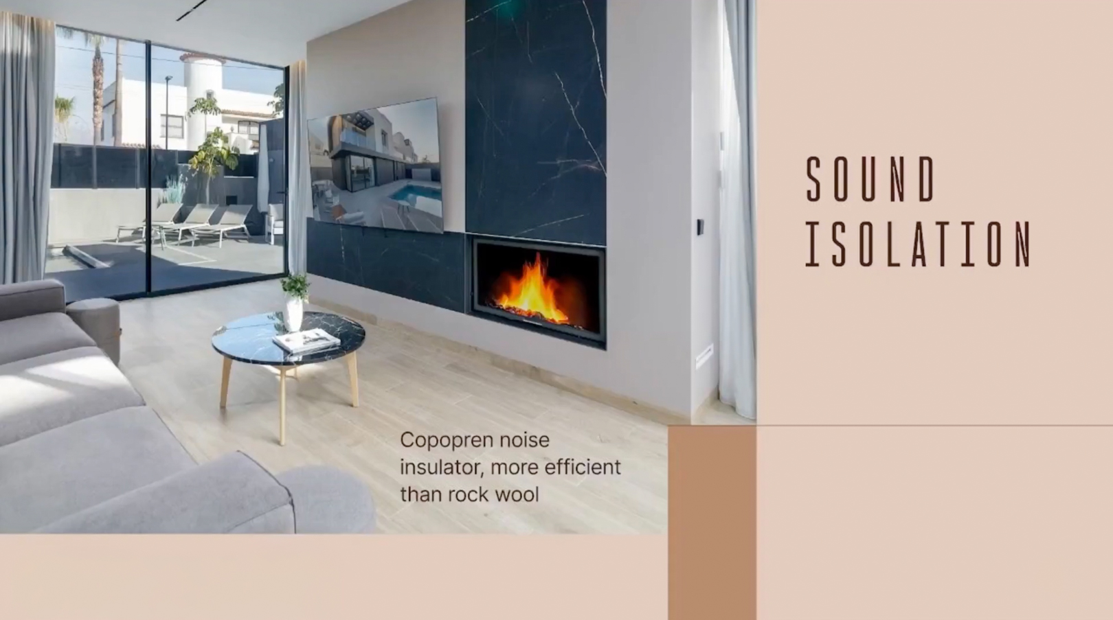 Salon contemporain avec canapé sectionnel gris, table basse en marbre noir et un mur d'accent en marbre foncé avec cheminée et TV intégrées, s'ouvrant sur une terrasse extérieure. Salon contemporain avec canapé sectionnel gris, table basse en marbre noir et un mur d'accent en marbre foncé avec cheminée et TV intégrées, s'ouvrant sur une terrasse extérieure.