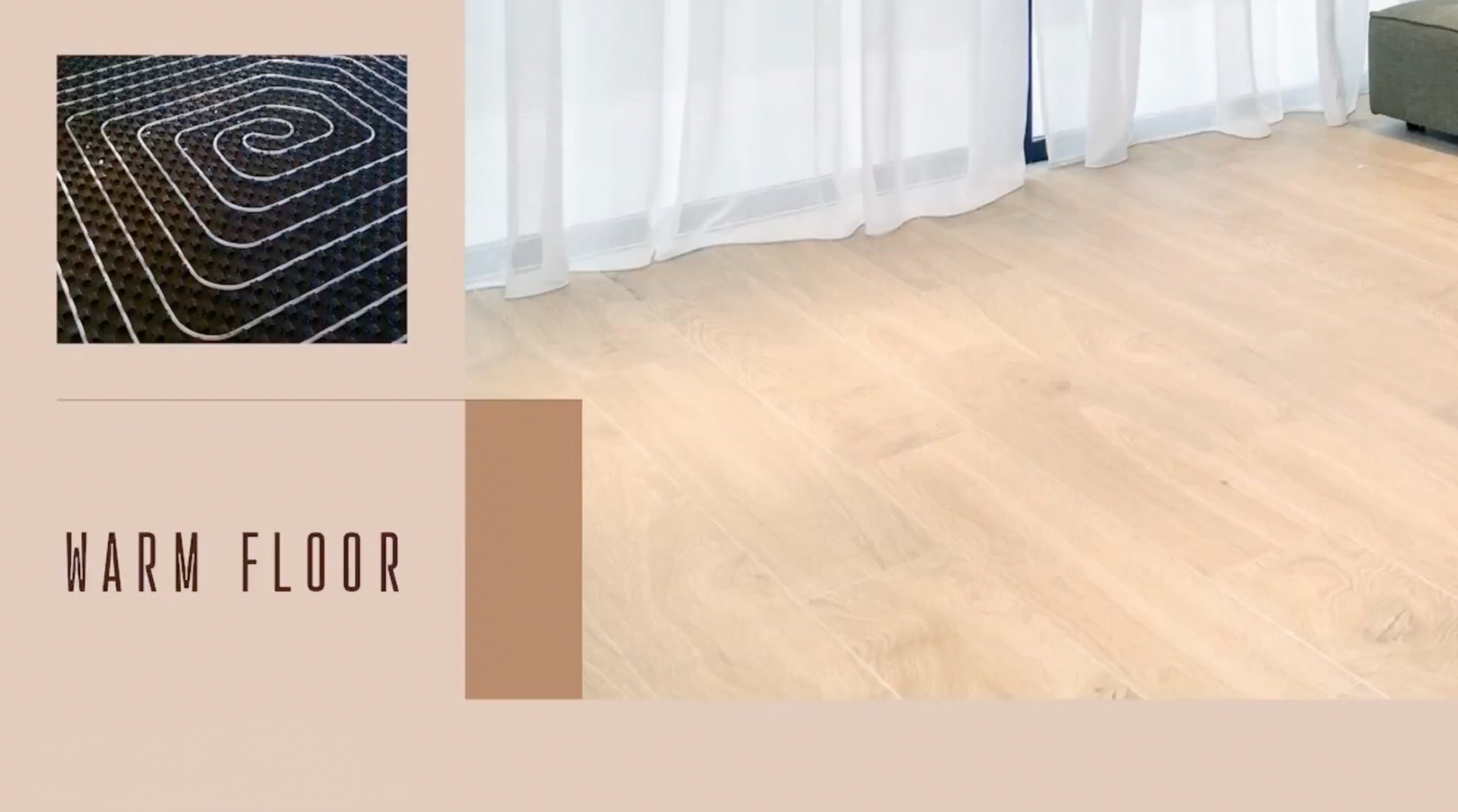 Système de chauffage au sol détaillé, associé à un élégant parquet clair et des voilages blancs. Système de chauffage au sol détaillé, associé à un élégant parquet clair et des voilages blancs.