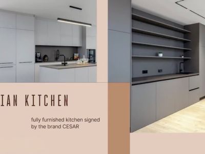Cuisine design moderne CESAR, avec un îlot central gris clair et évier intégré, complétée par une unité murale gris foncé avec étagères ouvertes et appareils haut de gamme.