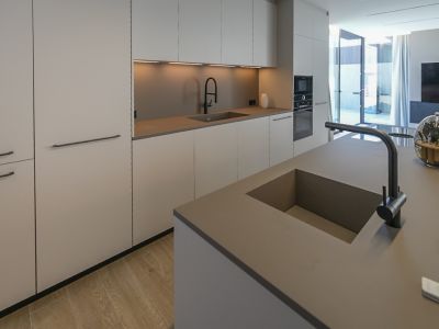 Cuisine moderne avec îlot central et double évier intégré. Armoires minimalistes aux tons neutres, appareils encastrés et parquet clair, s'ouvrant sur l'extérieur.