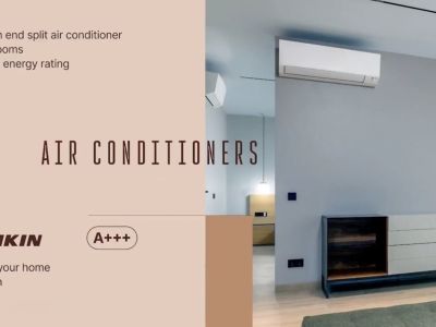 Espace de vie moderne avec climatiseur split Daikin haute efficacité et buffet contemporain en bois foncé et tiroirs nervurés sur mur gris clair.