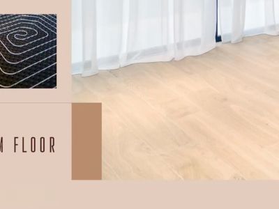 Système de chauffage au sol détaillé, associé à un élégant parquet clair et des voilages blancs.