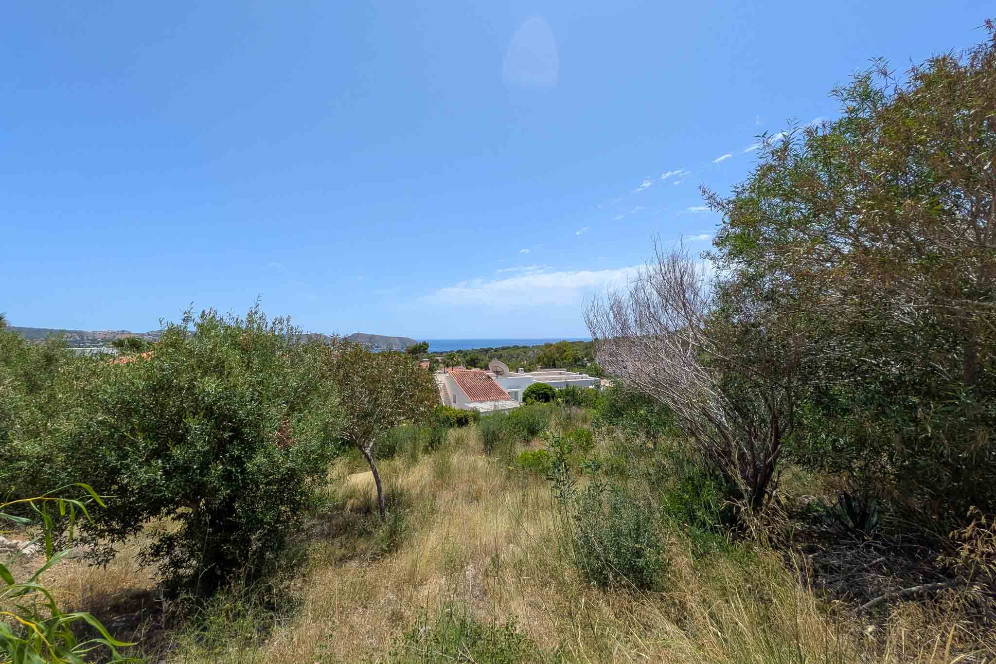 Vaste terrain avec végétation naturelle et vues lointaines sur la mer sous un ciel bleu clair. Des toits résidentiels sont visibles au second plan, encadrés par des arbustes verts et secs.