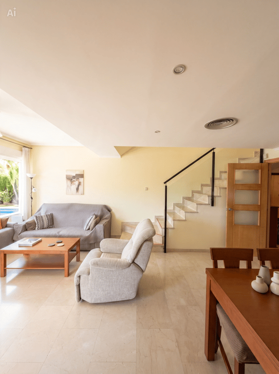 Vaste espace salon-salle à manger doté d'un carrelage clair et d'une table en bois. Un escalier avec rampe noire mène à l'étage, et une fenêtre offre une vue partielle sur la piscine extérieure.
