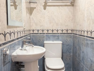 Toilettes d'invités compactes avec lavabo sur pied, WC et murs carrelés bicolores bleu et beige avec frise décorative. Miroir et porte-serviettes inclus.