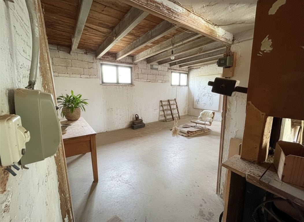 Espace intérieur ouvert avec poutres en bois apparentes au plafond et murs en maçonnerie brute. Deux fenêtres éclairent naturellement cette pièce au sol en béton, prête à être rénovée. Espace intérieur ouvert avec poutres en bois apparentes au plafond et murs en maçonnerie brute. Deux fenêtres éclairent naturellement cette pièce au sol en béton, prête à être rénovée.