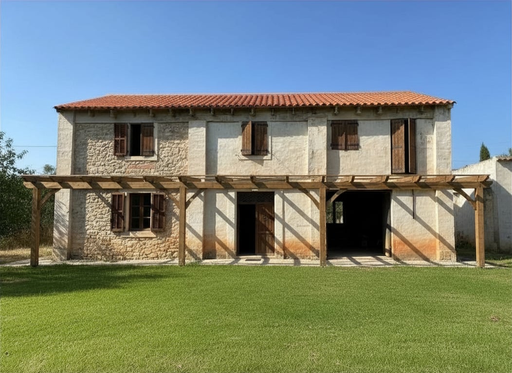 Façade principale à deux étages avec un toit en tuiles rouges, des murs en pierre et enduits, et une pergola en bois au-dessus de la pelouse. Façade principale à deux étages avec un toit en tuiles rouges, des murs en pierre et enduits, et une pergola en bois au-dessus de la pelouse.