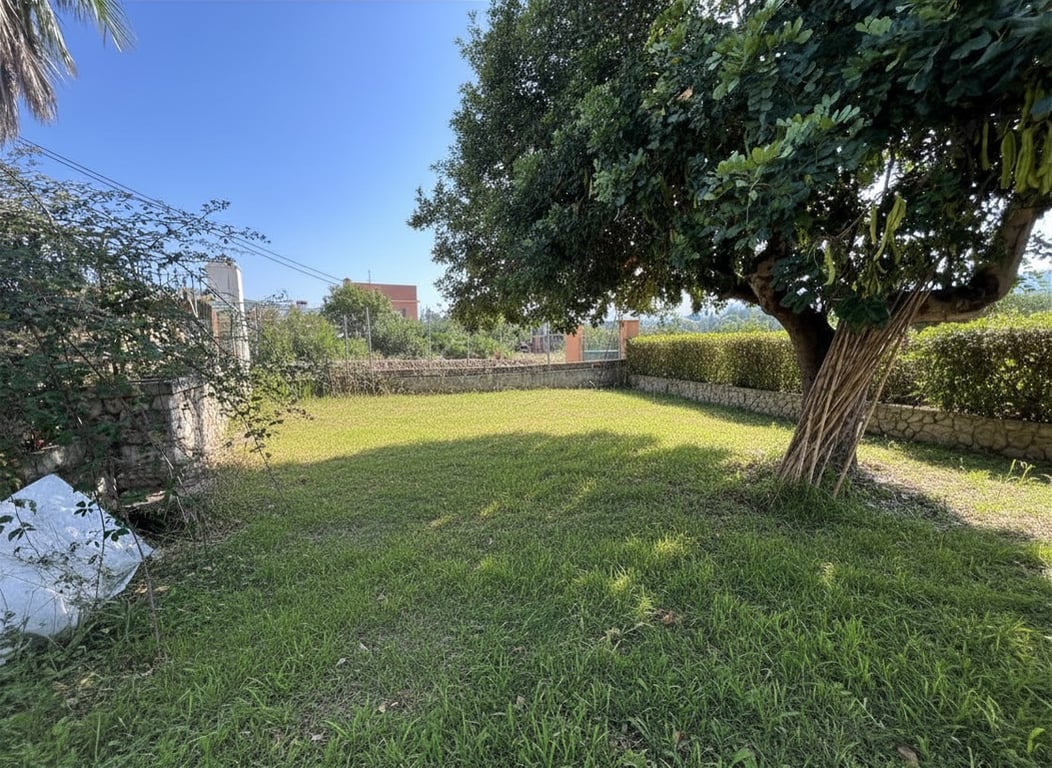 Grand jardin privé avec pelouse inégale et un grand arbre mature offrant de l'ombre naturelle. Entouré d'un mur en pierre et de haies, idéal pour l'aménagement. Grand jardin privé avec pelouse inégale et un grand arbre mature offrant de l'ombre naturelle. Entouré d'un mur en pierre et de haies, idéal pour l'aménagement.