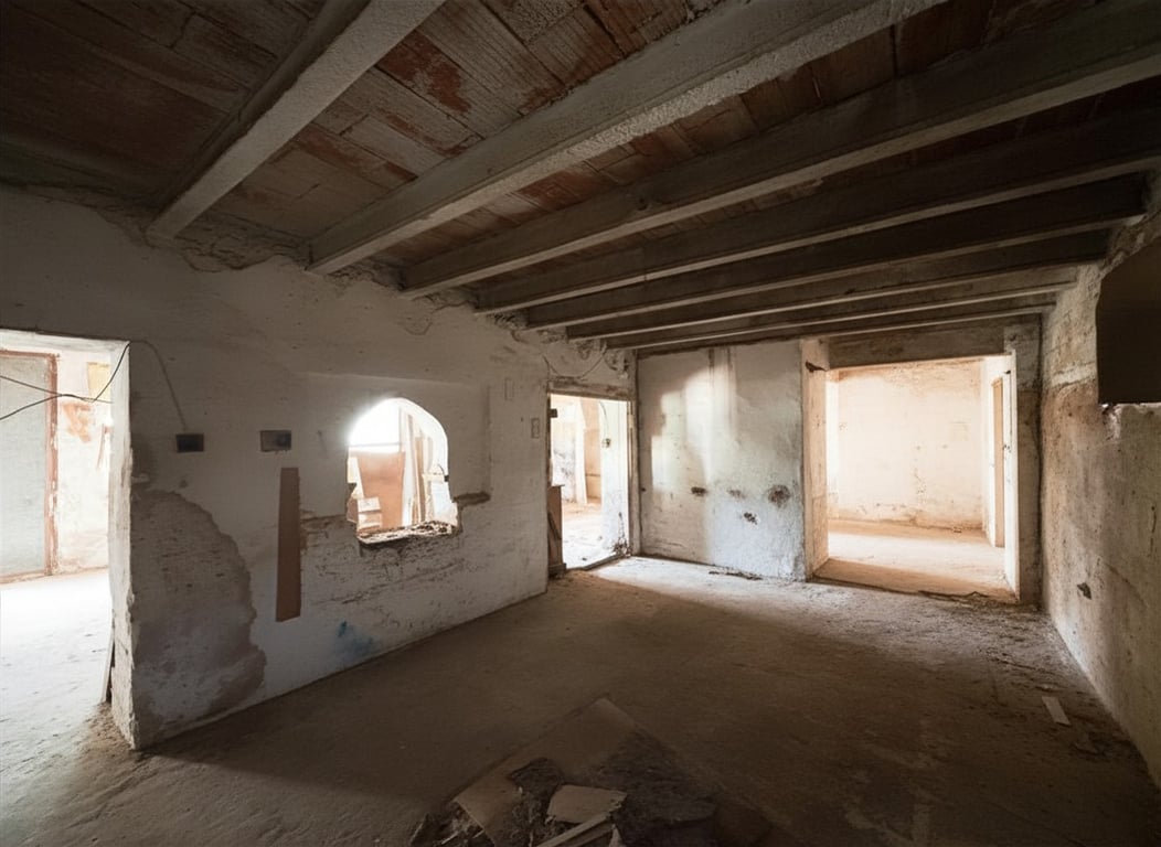 Pièce intérieure en état de rénovation, avec poutres en bois apparentes au plafond, murs blancs bruts et plusieurs ouvertures vers d'autres espaces. Pièce intérieure en état de rénovation, avec poutres en bois apparentes au plafond, murs blancs bruts et plusieurs ouvertures vers d'autres espaces.