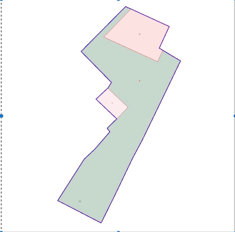 Plan cadastral d'une parcelle irrégulière avec contour violet. Deux zones internes sont en rouge clair, et une section principale en vert clair, indiquant les divisions de la propriété. Plan cadastral d'une parcelle irrégulière avec contour violet. Deux zones internes sont en rouge clair, et une section principale en vert clair, indiquant les divisions de la propriété.
