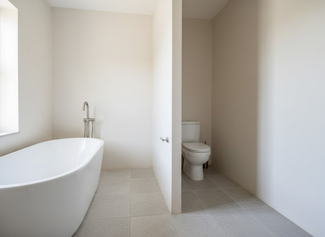 Salle de bain avec baignoire îlot blanche et robinet chromé sur pied. Le sol est carrelé en gris clair et une alcôve murale abrite les toilettes. Salle de bain avec baignoire îlot blanche et robinet chromé sur pied. Le sol est carrelé en gris clair et une alcôve murale abrite les toilettes.
