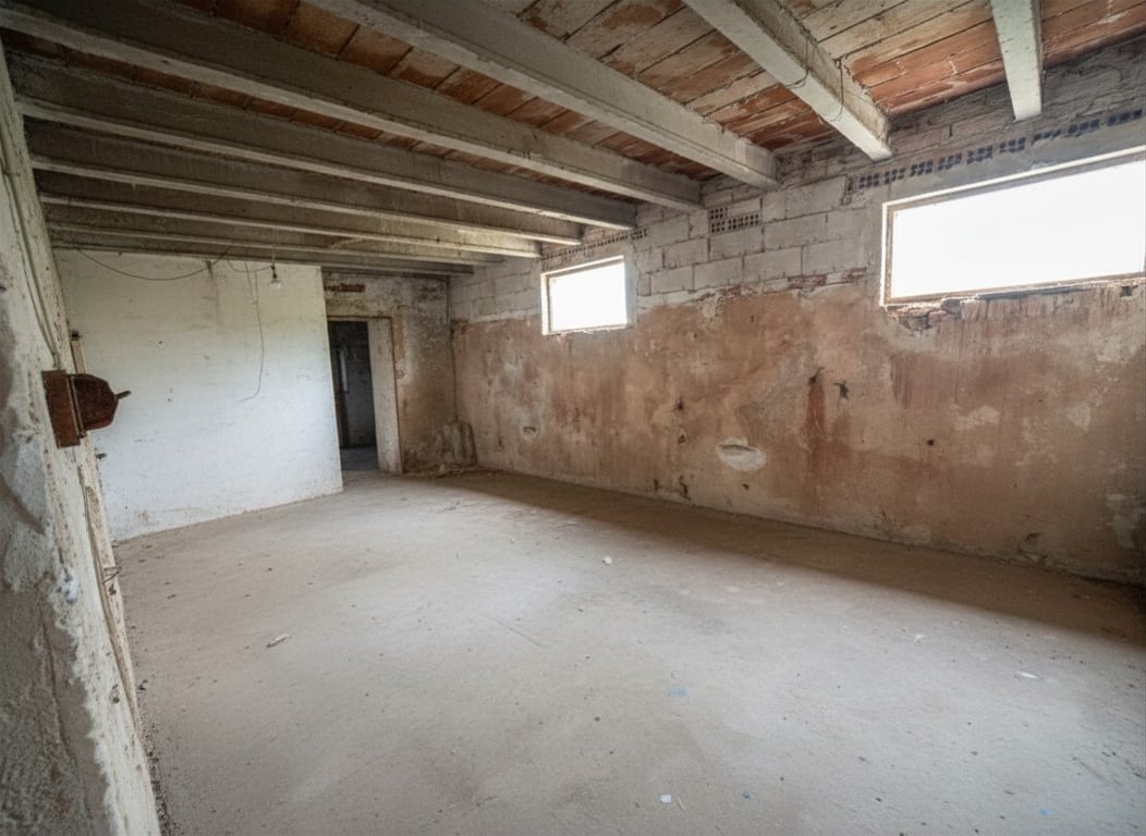 Vaste pièce intérieure avec sol en béton, murs en briques et parpaings apparents, et plafond à poutres en bois et tuiles de terre cuite. Deux petites fenêtres éclairent cet espace à rénover entièrement. Vaste pièce intérieure avec sol en béton, murs en briques et parpaings apparents, et plafond à poutres en bois et tuiles de terre cuite. Deux petites fenêtres éclairent cet espace à rénover entièrement.