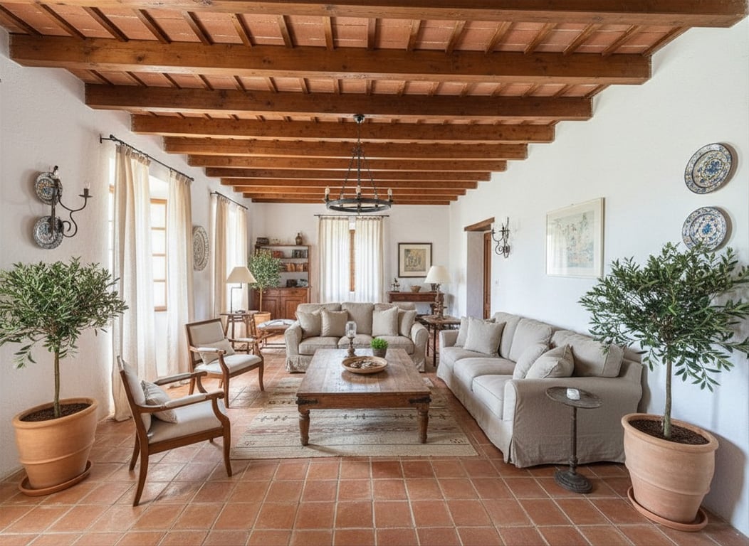 Vaste salon avec poutres en bois apparentes et bovedillas en terre cuite, carrelage rustique au sol et lumière naturelle abondante. Aménagé avec mobilier traditionnel et oliviers en pot. Vaste salon avec poutres en bois apparentes et bovedillas en terre cuite, carrelage rustique au sol et lumière naturelle abondante. Aménagé avec mobilier traditionnel et oliviers en pot.