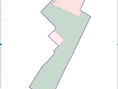Plan cadastral d'une parcelle irrégulière avec contour violet. Deux zones internes sont en rouge clair, et une section principale en vert clair, indiquant les divisions de la propriété.