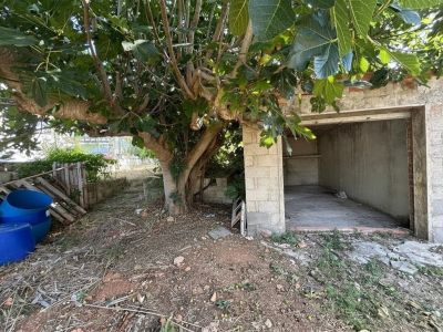 Vue extérieure du garage indépendant inachevé, avec des murs en blocs de béton et des briques apparentes. Un grand figuier apporte une ombre naturelle sur le terrain rustique.