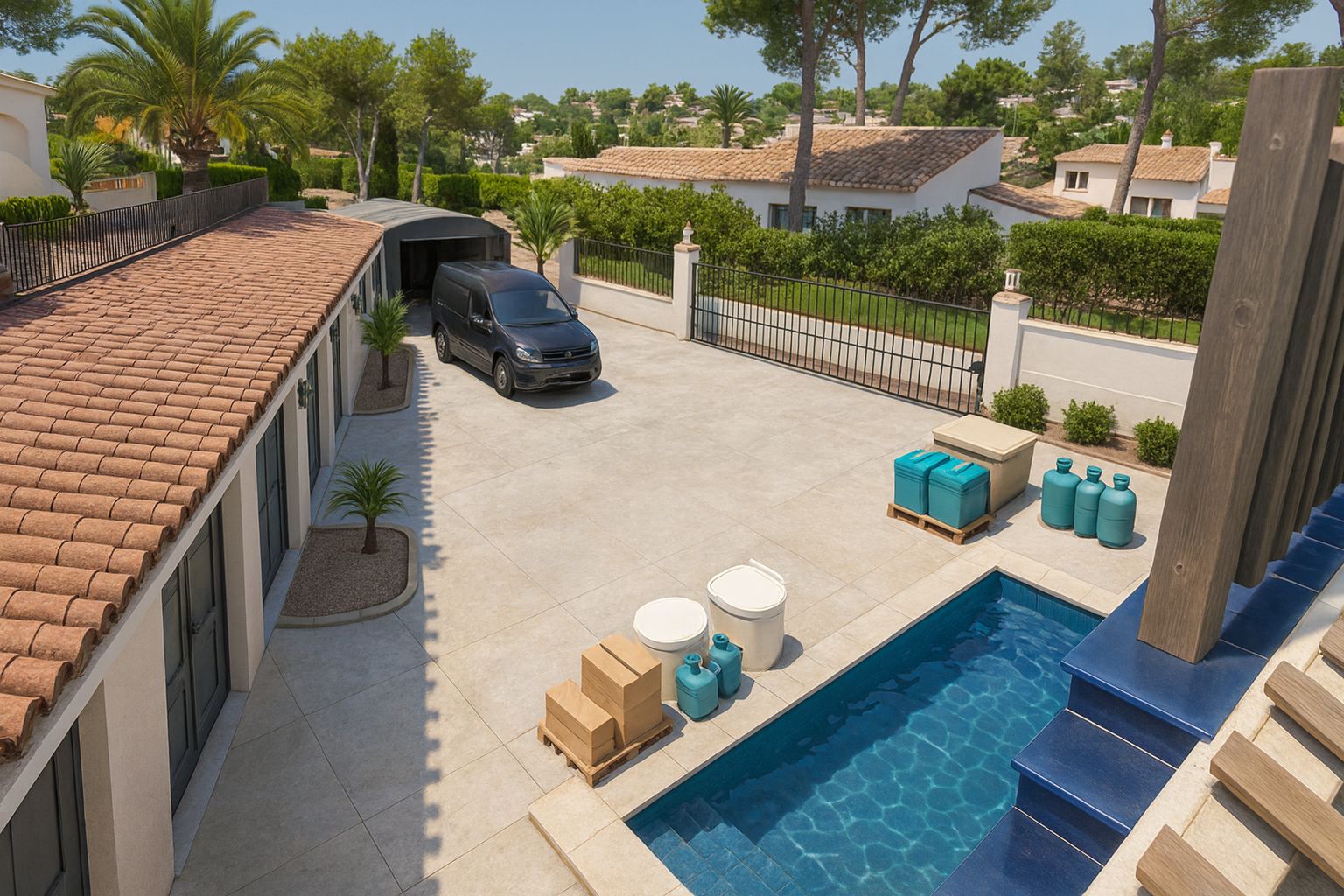 Espace parking et piscine