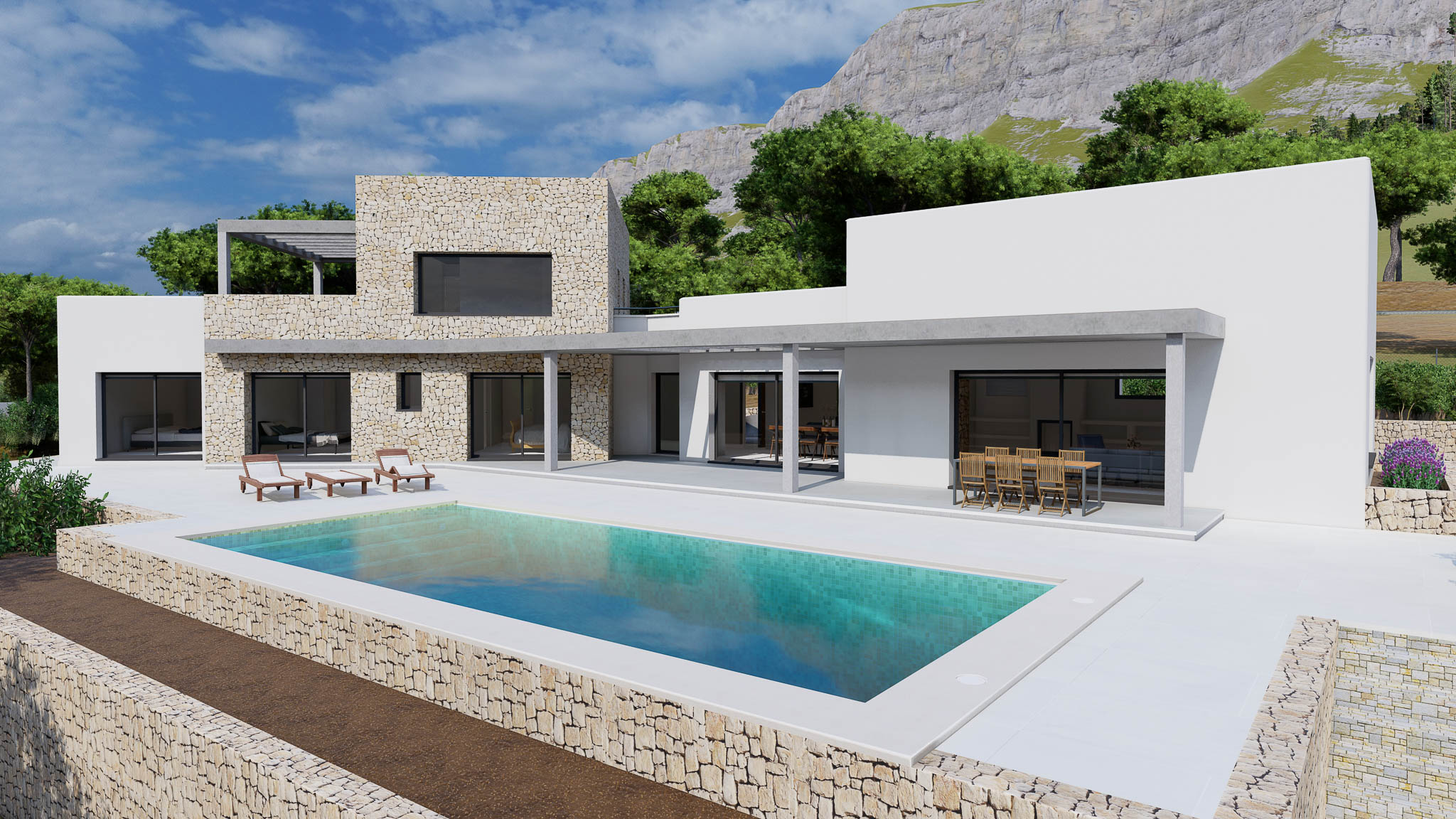 Extérieur de villa avec piscine
