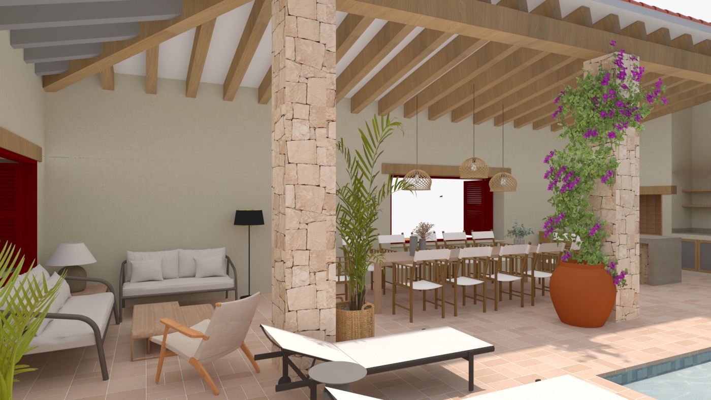 Terrasse couverte au bord de la piscine