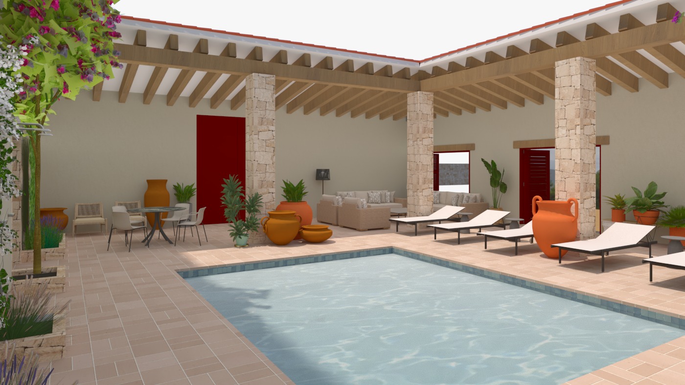Patio avec piscine et porche