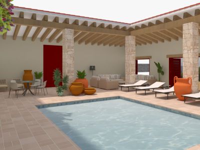Patio avec piscine et porche