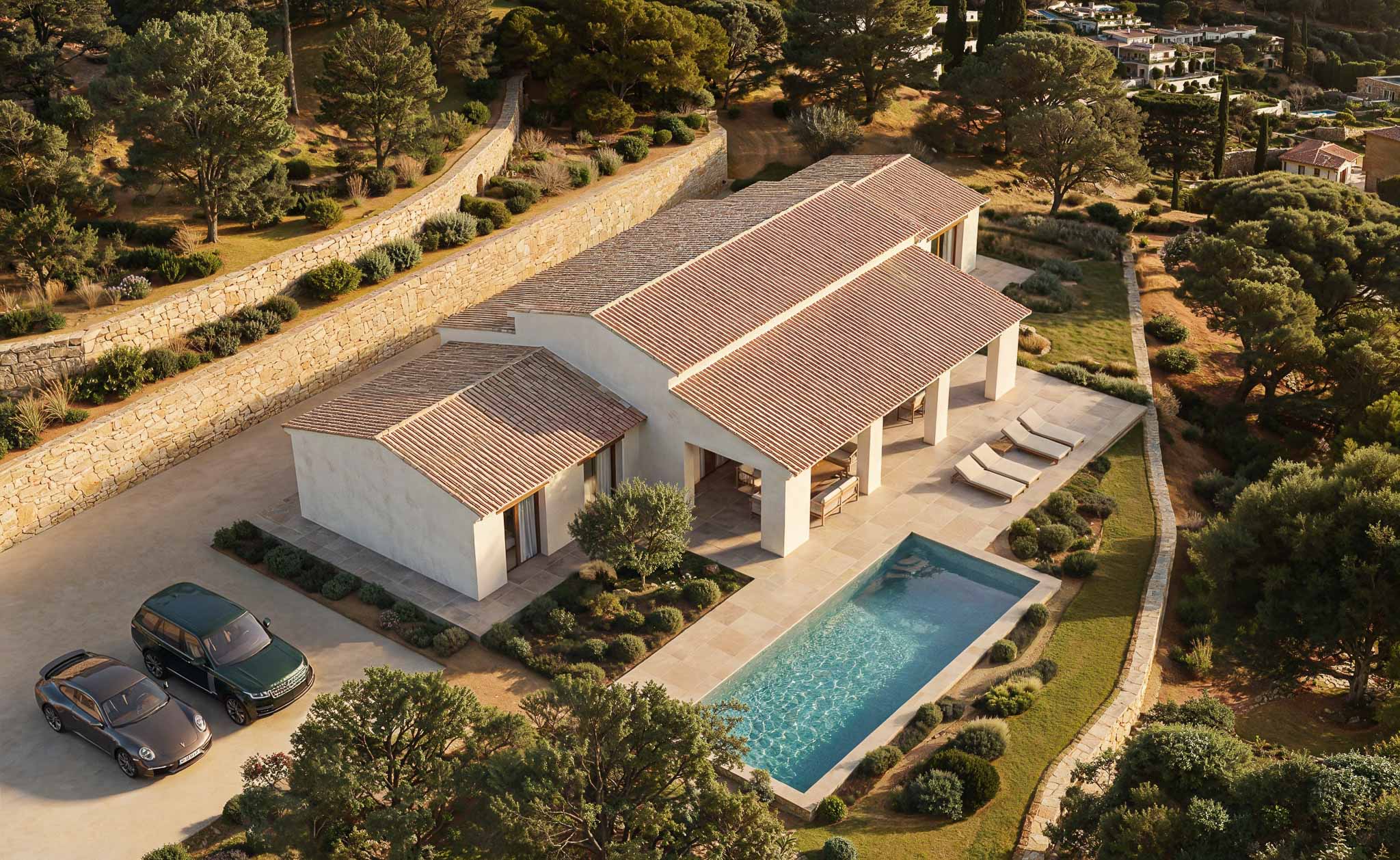 Vue aérienne, villa et piscine