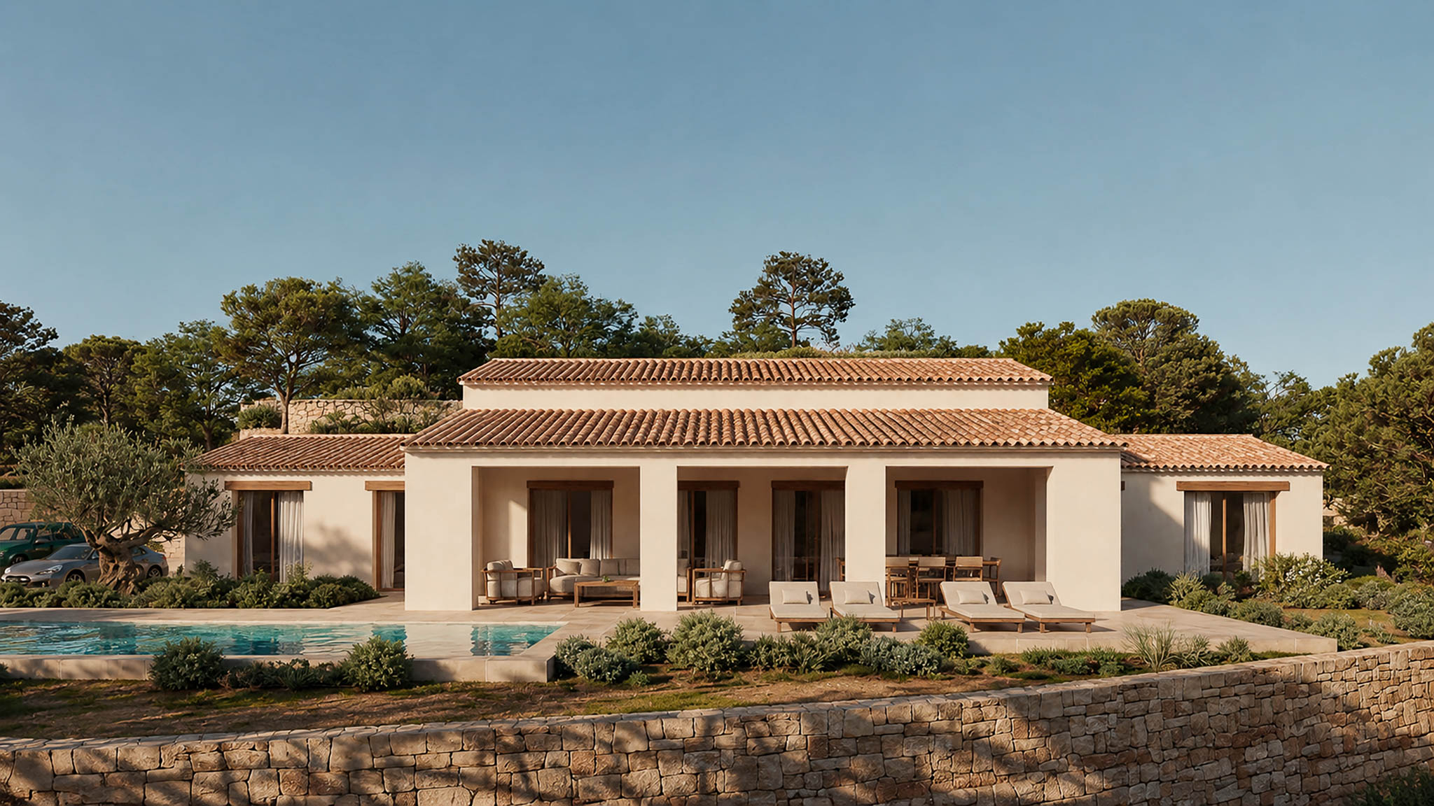 Façade de la villa avec piscine