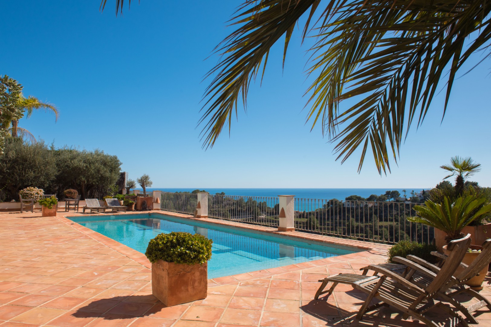 Terrasse en terre cuite avec piscine rectangulaire, chaises longues en bois et vue panoramique sur la mer Méditerranée encadrée par des palmiers.