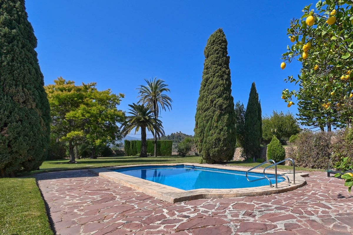 Piscine extérieure avec terrasse en pierre naturelle, entourée d'un jardin méditerranéen avec cyprès, palmiers et un citronnier.