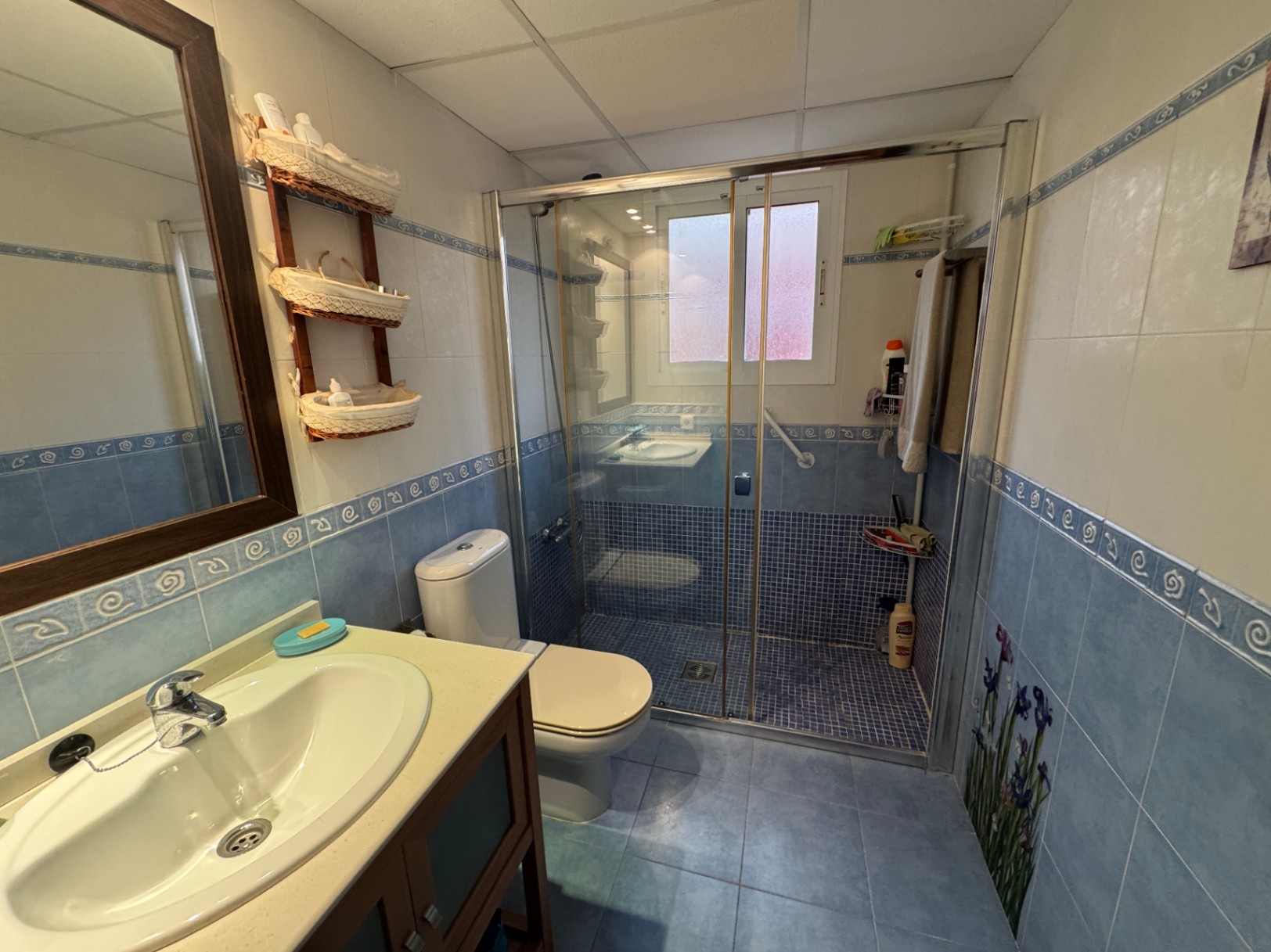 Salle de bain avec faïence bleue décorative, cabine de douche vitrée et meuble-lavabo en bois.
