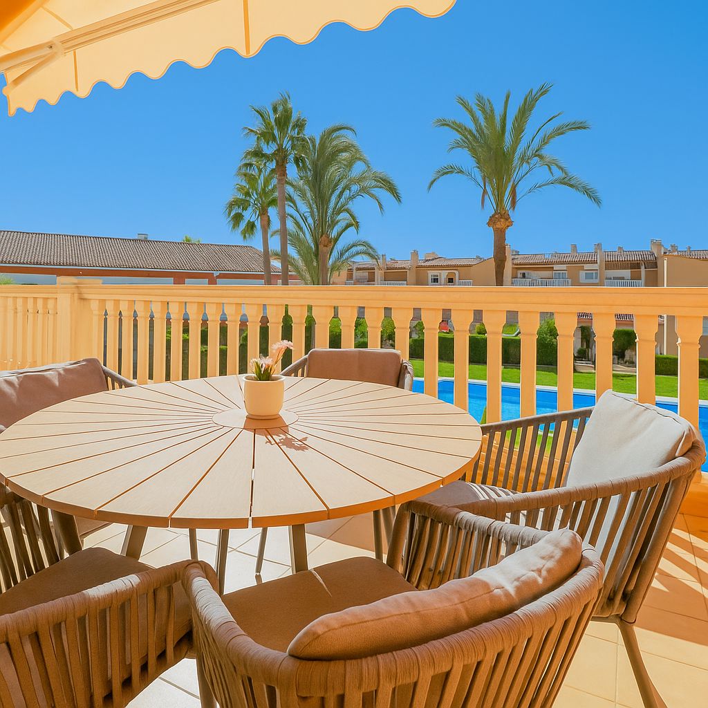 Terrasse avec table ronde en bois et fauteuils en corde tressée, offrant une vue sur la piscine et les palmiers. Un store banne jaune assure l'ombrage.