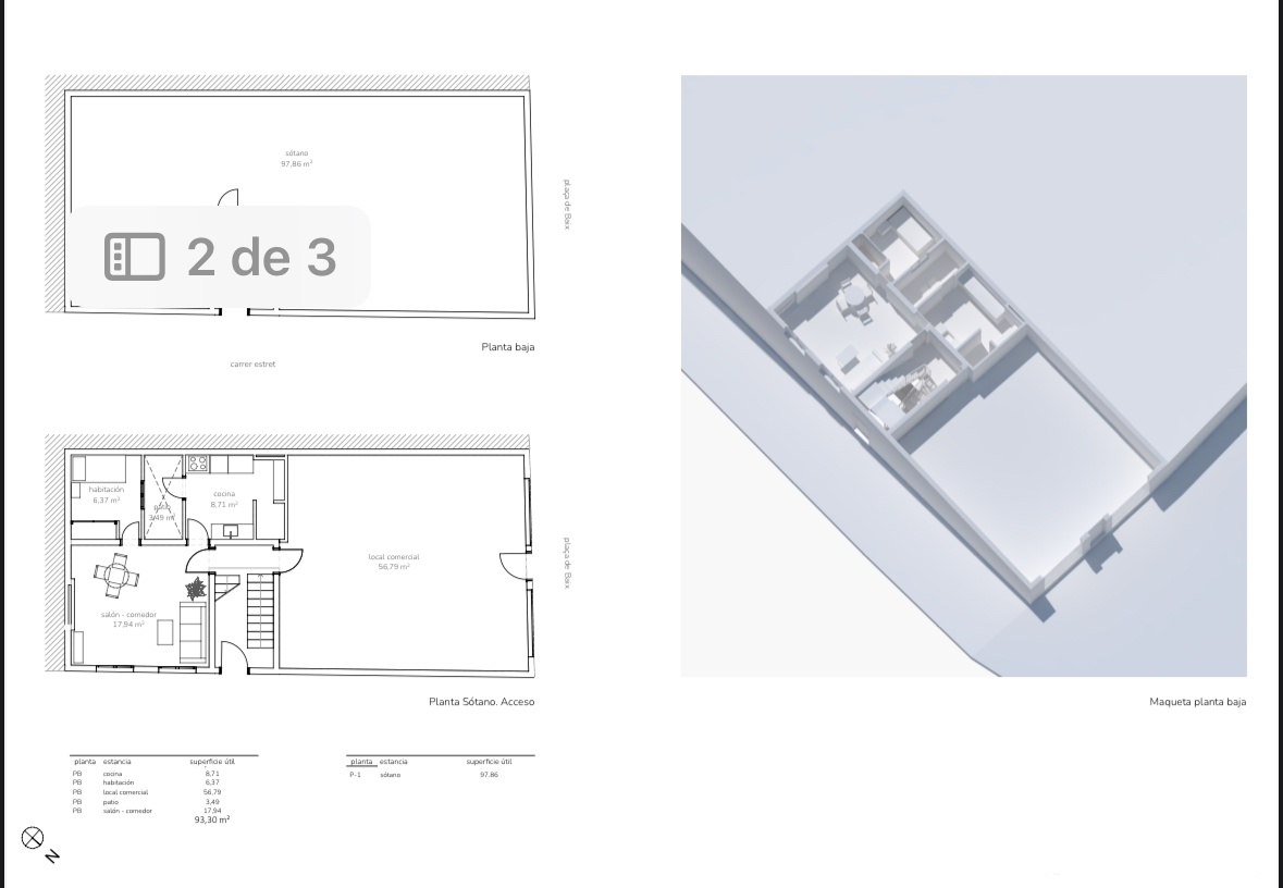 Plans techniques et maquette 3D illustrant l'agencement du rez-de-chaussée avec local commercial, séjour, cuisine et un vaste sous-sol de 97 m².