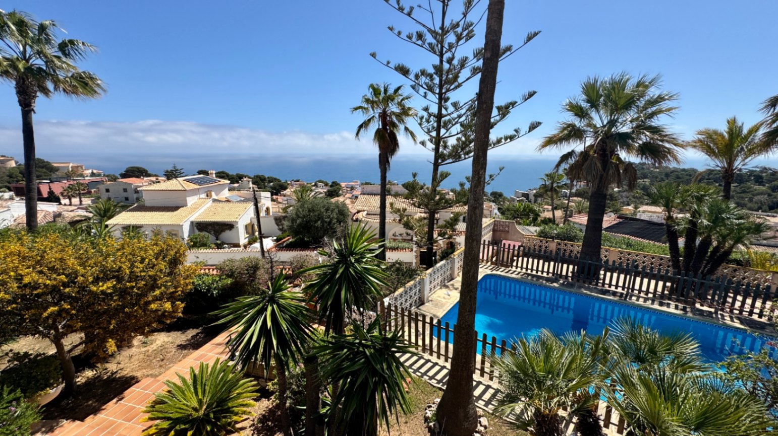 Vue surélevée d'une piscine privée avec clôture en bois, entourée de palmiers et de jardins méditerranéens avec l'horizon marin en fond.