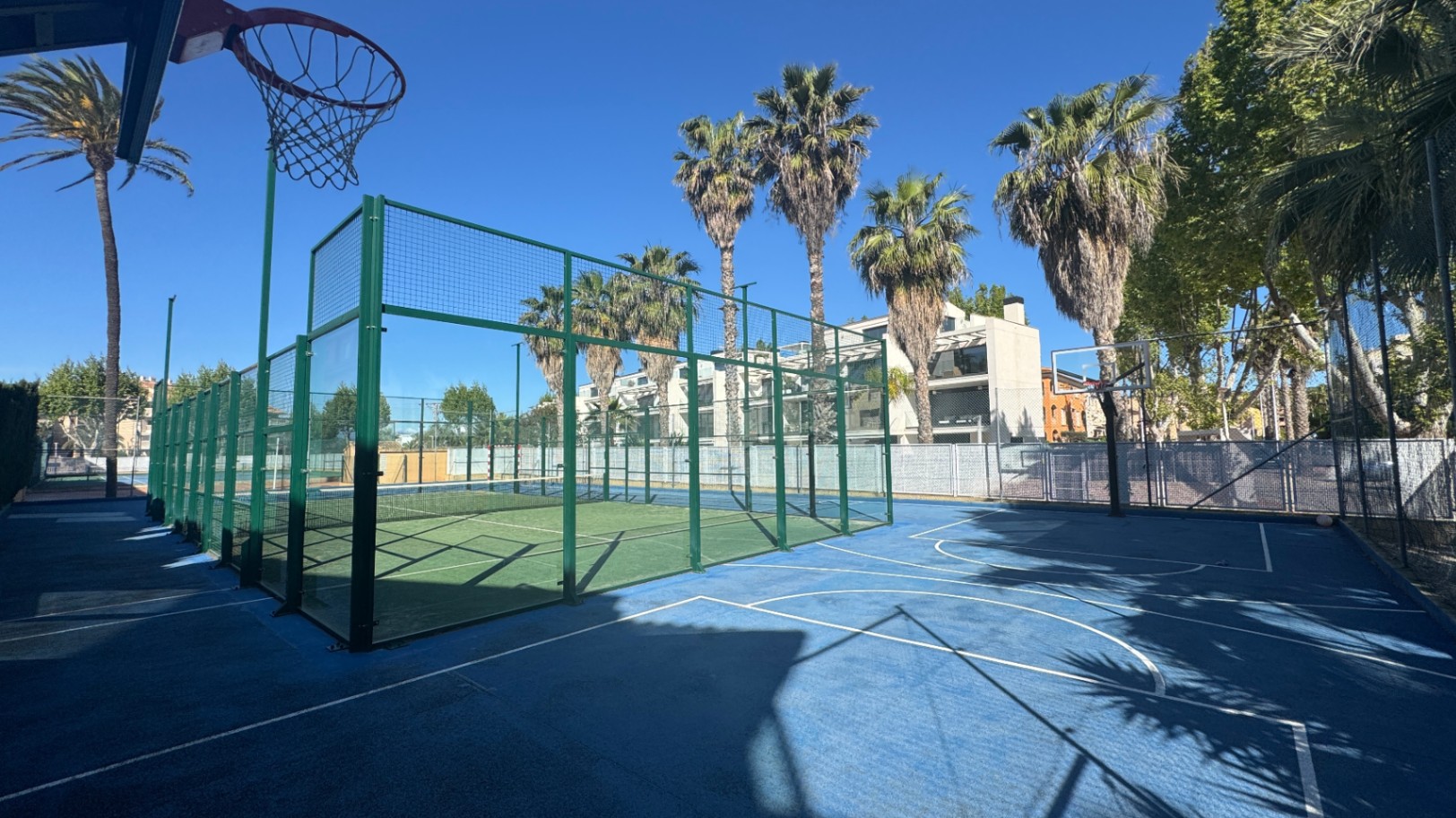 Espace sportif extérieur comprenant un court de padel en gazon synthétique vert et un terrain de basket bleu, bordés de palmiers et d'arbres.