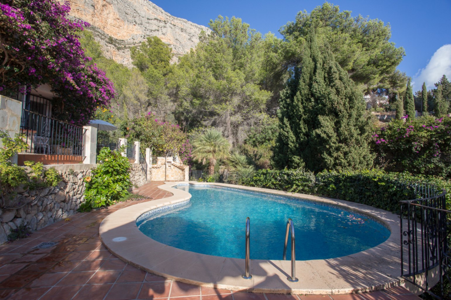 Piscine de forme libre avec revêtement en mosaïque bleue, entourée d'une terrasse en terre cuite et d'une végétation luxuriante au pied d'une falaise.