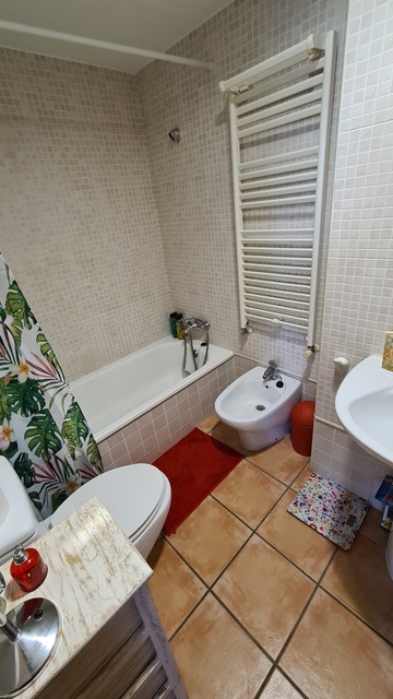 Salle de bain équipée d'une baignoire, d'un bidet et d'un radiateur sèche-serviettes, avec murs en mosaïque et sol en terre cuite.