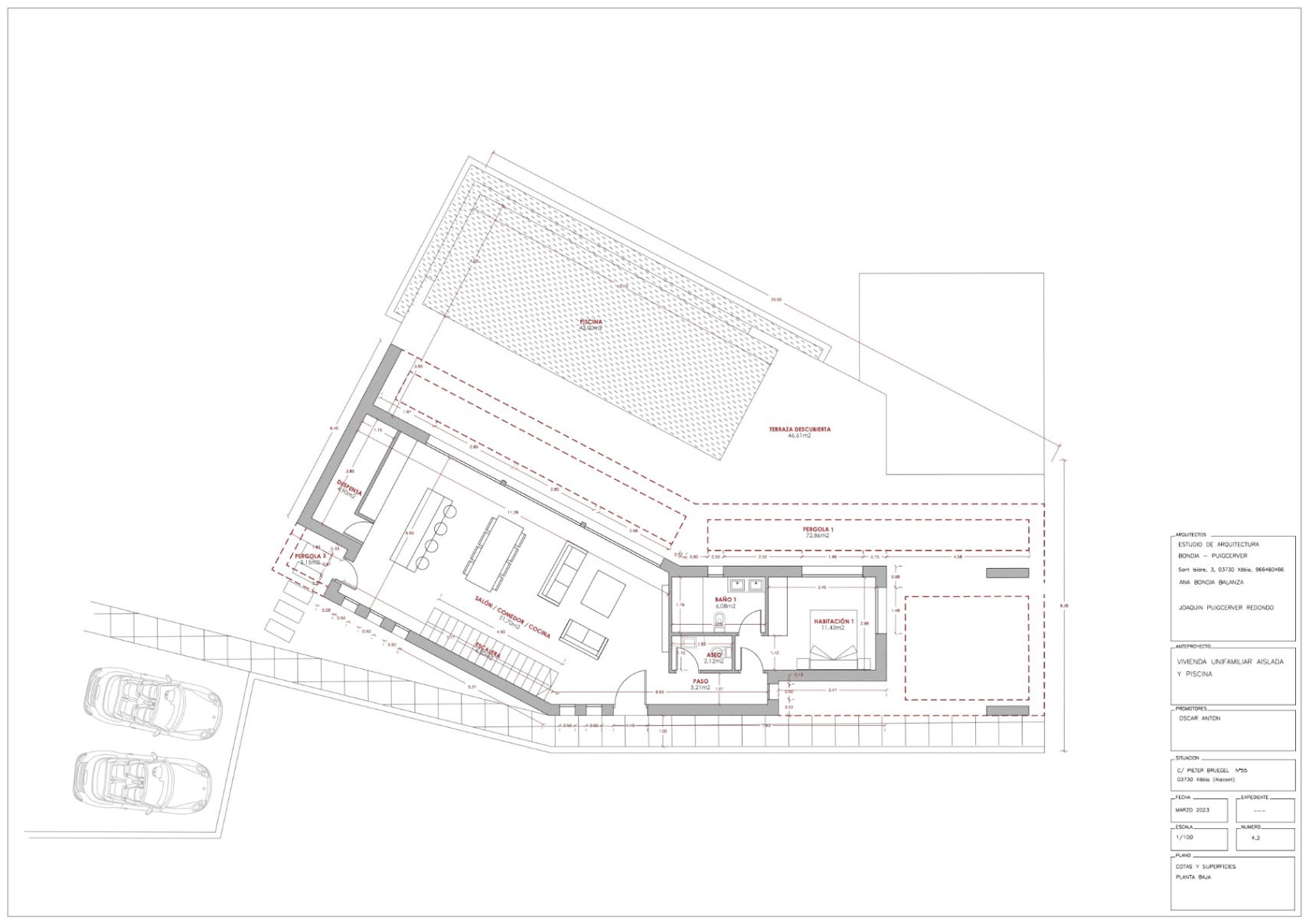 Plan d'architecte détaillé du rez-de-chaussée, comprenant un espace de vie ouvert, une chambre, une piscine et de grandes terrasses extérieures avec pergolas.